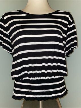 GAP Women’s Medium Black White Striped Smocked Waist Ruffle Hem Top
